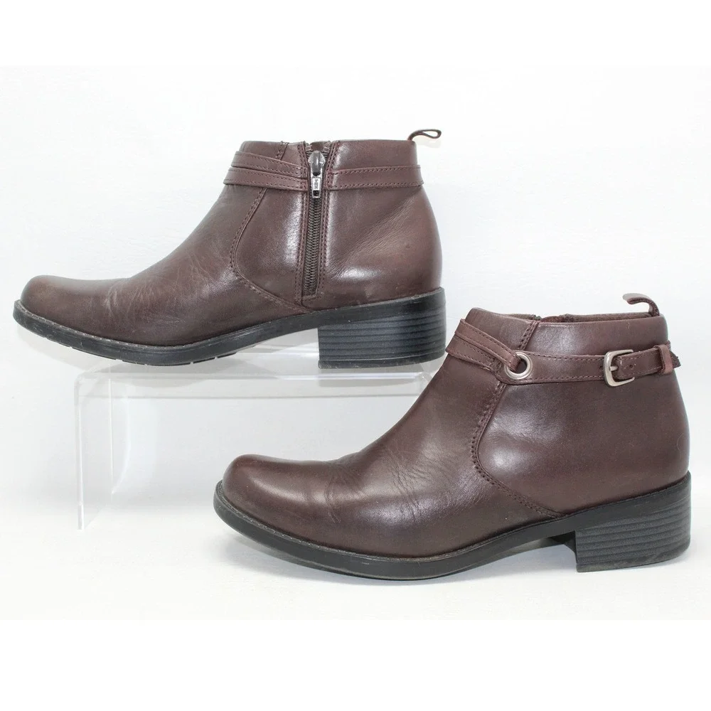 Clarks Womens 72886 Brown Leather Ankle Boots Side‎ Zip Buckle Strap 9.5M